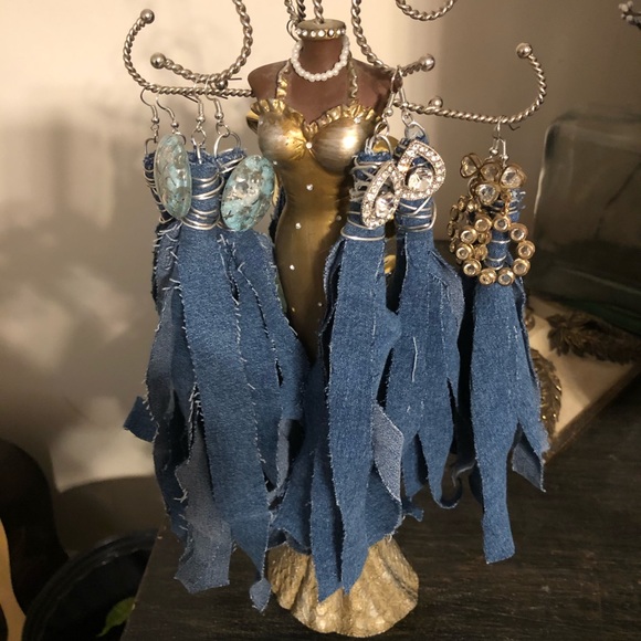 Denim Blue Jean Earrings with Bling Embellishments - Picture 5 of 8